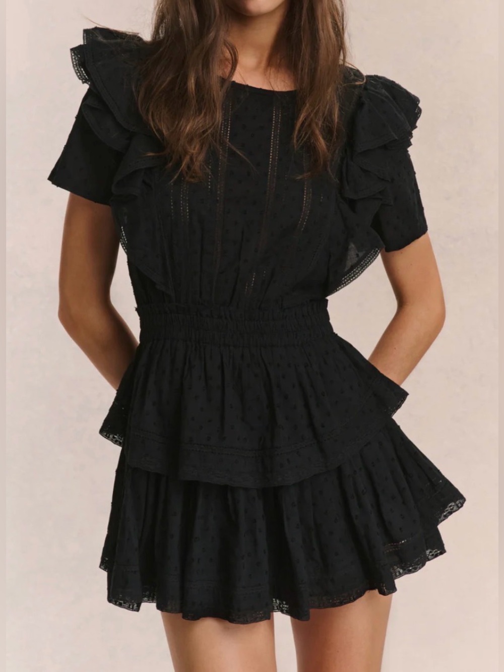LoveShackFancy Natasha Eyelet Lace Ruffle Flutter Sleeve Mini Dress